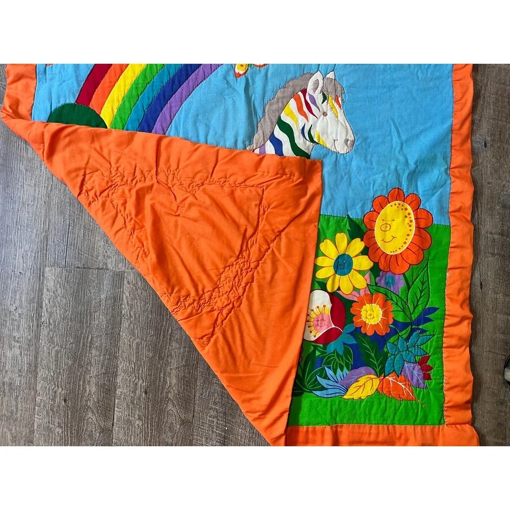 Vintage Handmade Baby quilt Zebra Rainbows lap quilt crib bright colors